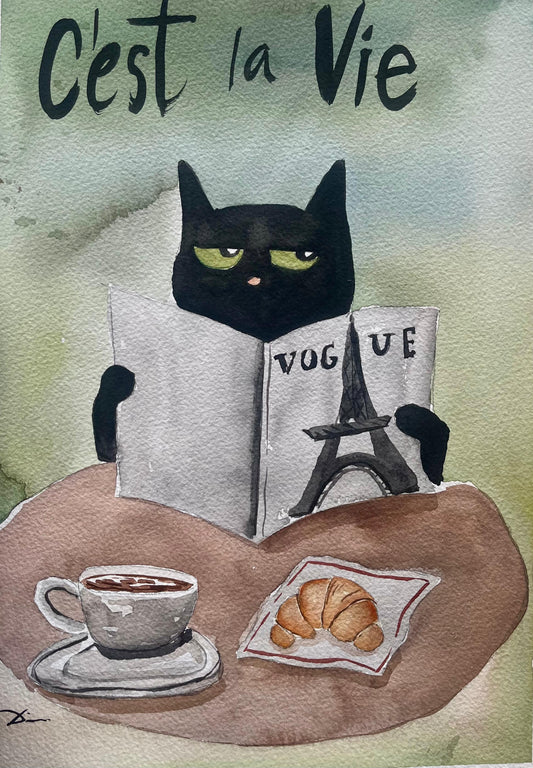 Black Cat Having Breakfast in Paris