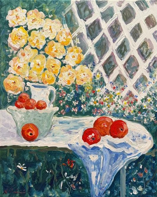 Table with Flowers and Tomatoes